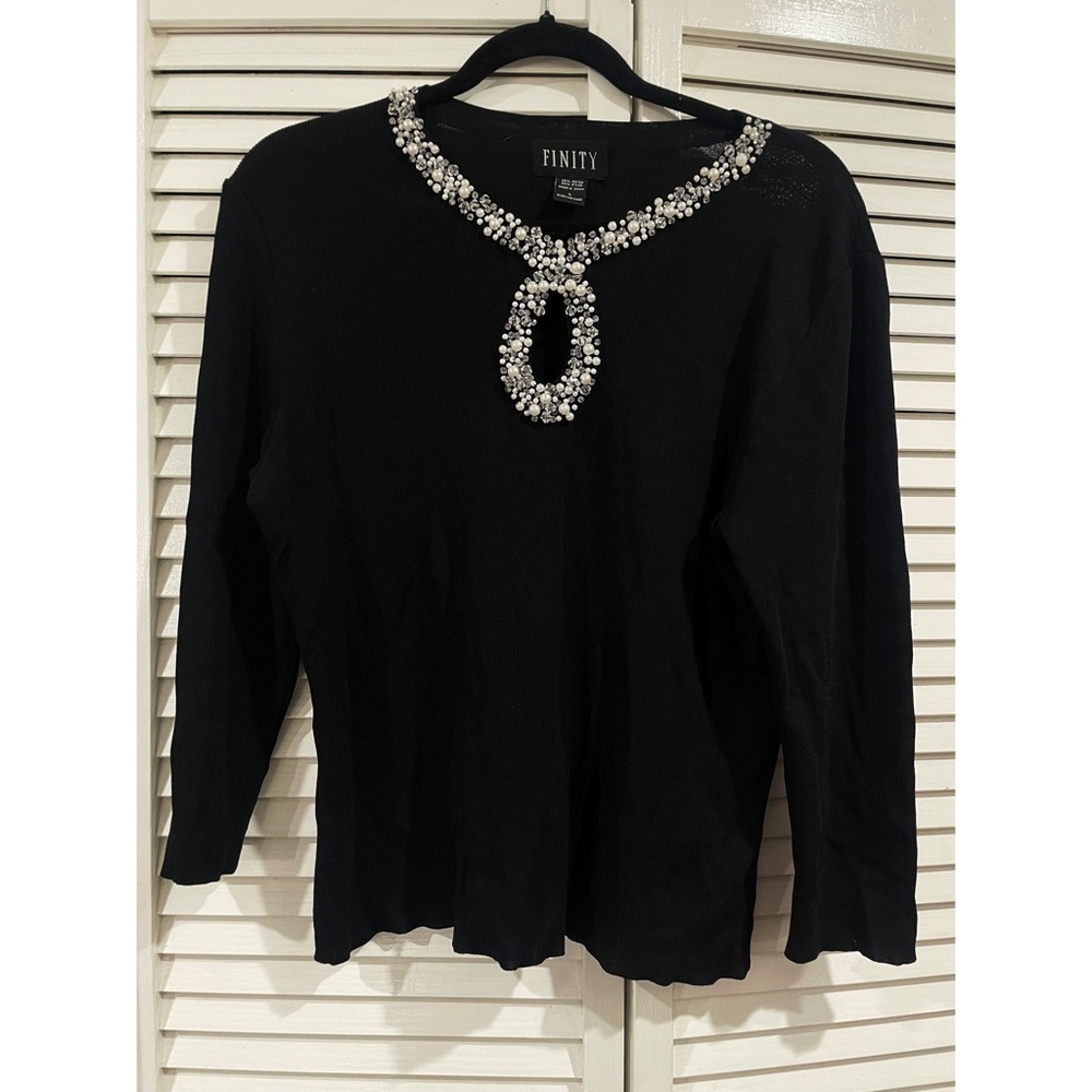 Finity Black Beaded Keyhole Neckline Blouse